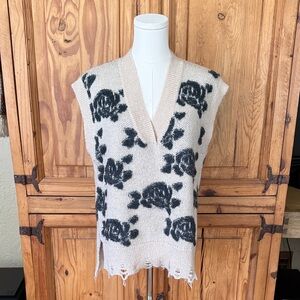 Anthropologie Knit Floral-Pattern Sweater Vest with Distressed Hem.